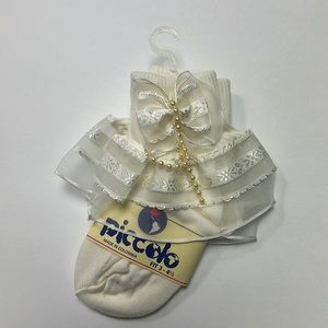 Bobby socks with pearls ivory with bow and lace ruffle fit 3-41/2